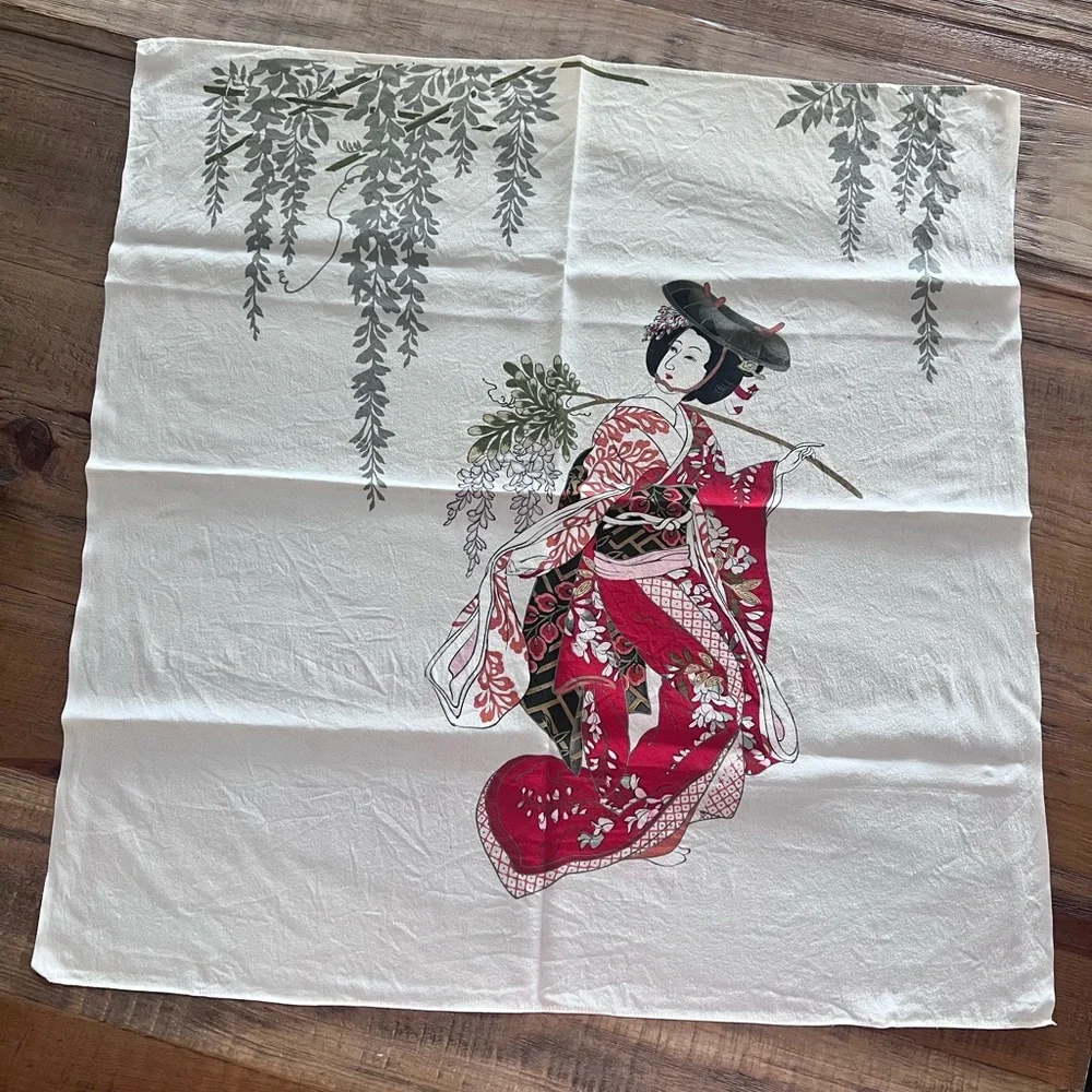 Japanese 100% Silk Geisha Print Scarf | Vintage | Multicolor